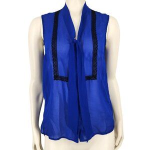 Women's Petticoat Alley Blue Blouse Black Lace Trim Tie Sleeve Flowy Size XS